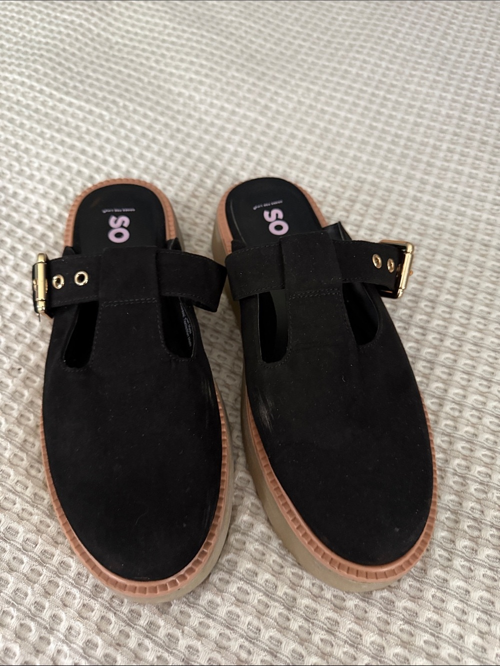 SO Black Suede Slip-On Mules with Gold Buckle in size 7